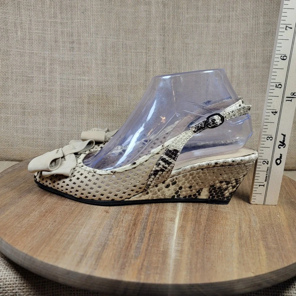 Sesto Meucci Wedge Sandals Snakeskin Print Perforated Bow Slingback Women's 7.5